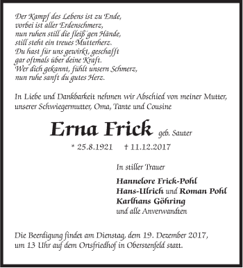 Traueranzeige von Erna Frick von Marbacher Zeitung