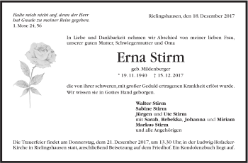 Traueranzeige von Erna Stirm von Marbacher Zeitung