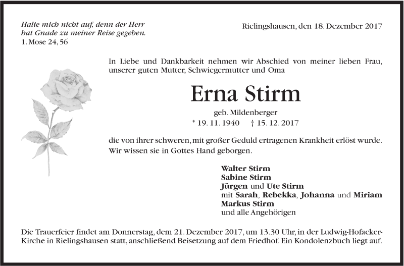  Traueranzeige für Erna Stirm vom 18.12.2017 aus Marbacher Zeitung