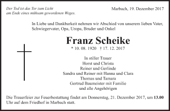 Traueranzeige von Franz Scheike von Marbacher Zeitung