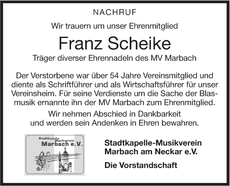  Traueranzeige für Franz Scheike vom 21.12.2017 aus Marbacher Zeitung