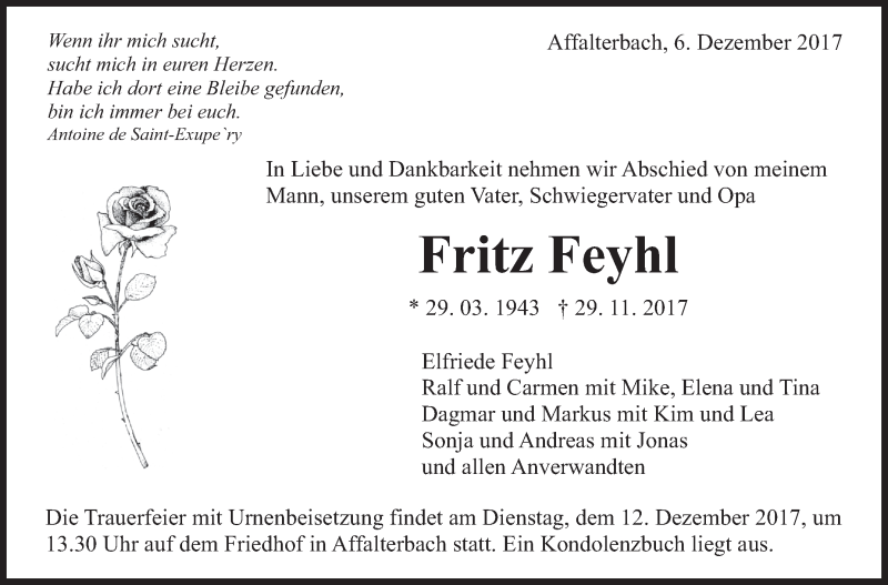  Traueranzeige für Fritz Feyhl vom 06.12.2017 aus Marbacher Zeitung