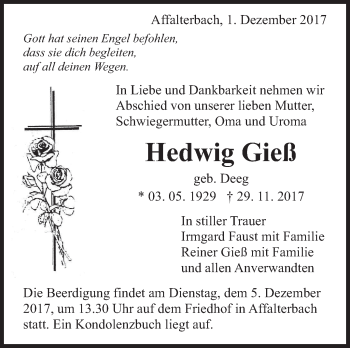Traueranzeige von Hedwig Gieß von Marbacher Zeitung