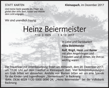 Traueranzeige von Heinz Beiermeister von Marbacher Zeitung
