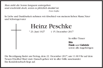 Traueranzeige von Heinz Peschke von Marbacher Zeitung