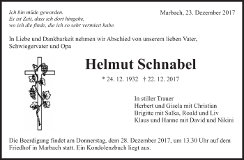 Traueranzeige von Helmut Schnabel von Marbacher Zeitung