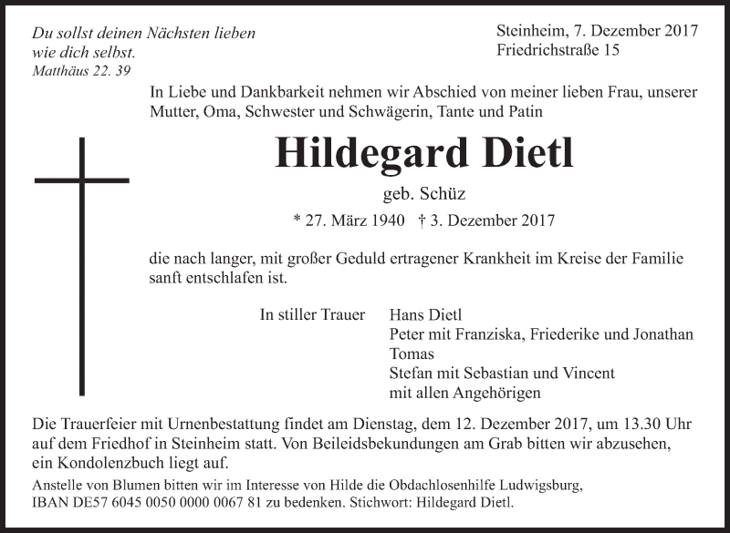  Traueranzeige für Hildegard Dietl vom 07.12.2017 aus Marbacher Zeitung