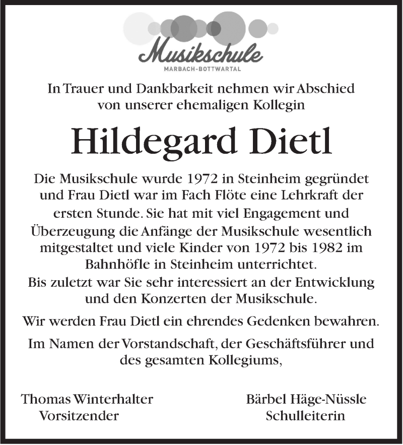  Traueranzeige für Hildegard Dietl vom 14.12.2017 aus Marbacher Zeitung
