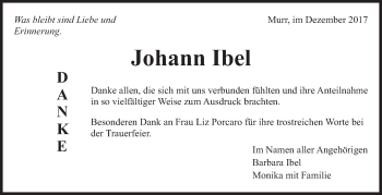 Traueranzeige von Johann Ibel von Marbacher Zeitung
