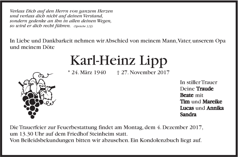  Traueranzeige für Karl-Heinz Lipp vom 01.12.2017 aus Marbacher Zeitung
