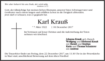 Traueranzeige von Karl Krauß von Marbacher Zeitung