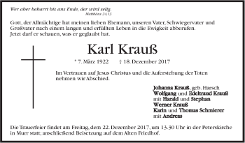 Traueranzeige von Karl Krauß von Marbacher Zeitung