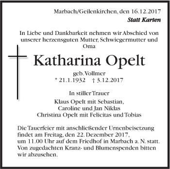Traueranzeige von Katharina Opelt von Marbacher Zeitung