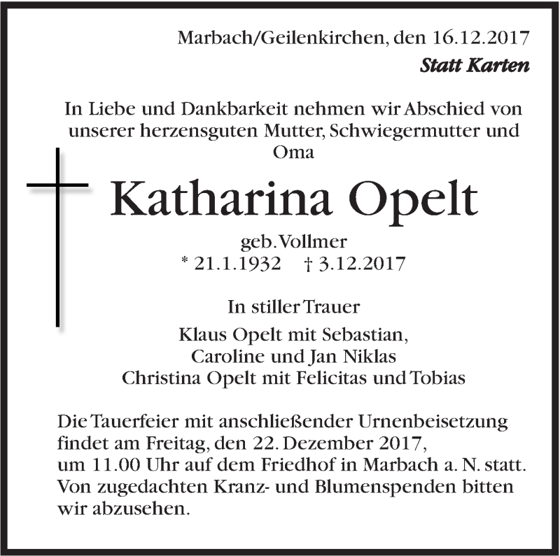  Traueranzeige für Katharina Opelt vom 16.12.2017 aus Marbacher Zeitung