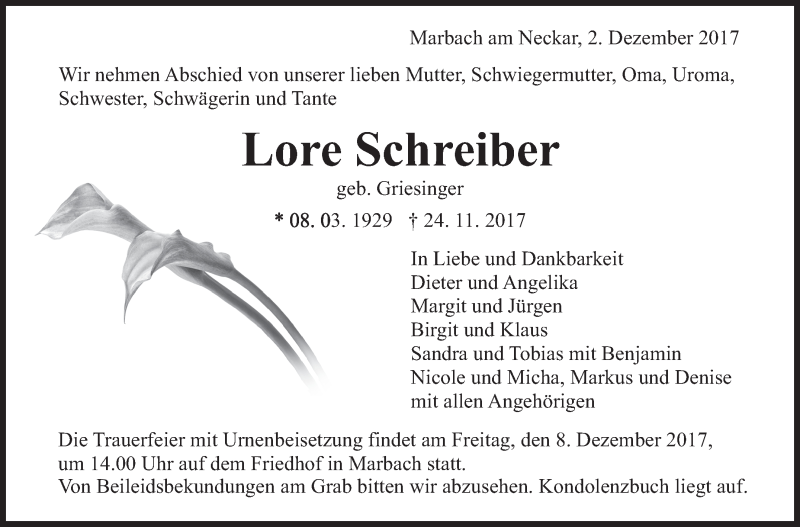  Traueranzeige für Lore Schreiber vom 02.12.2017 aus Marbacher Zeitung