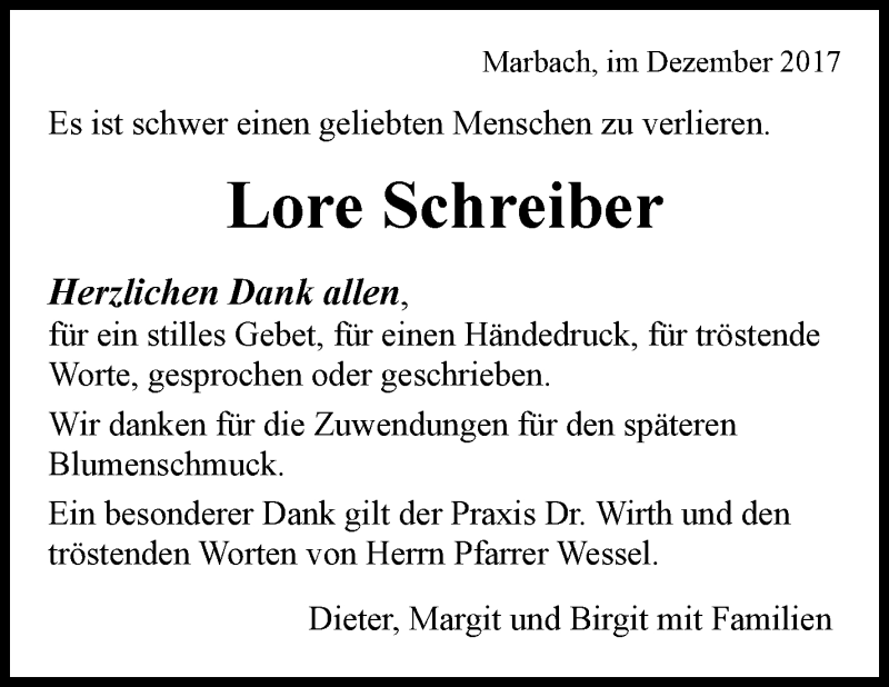  Traueranzeige für Lore Schreiber vom 16.12.2017 aus Marbacher Zeitung