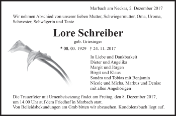 Traueranzeige von Lore Schreiber von Marbacher Zeitung