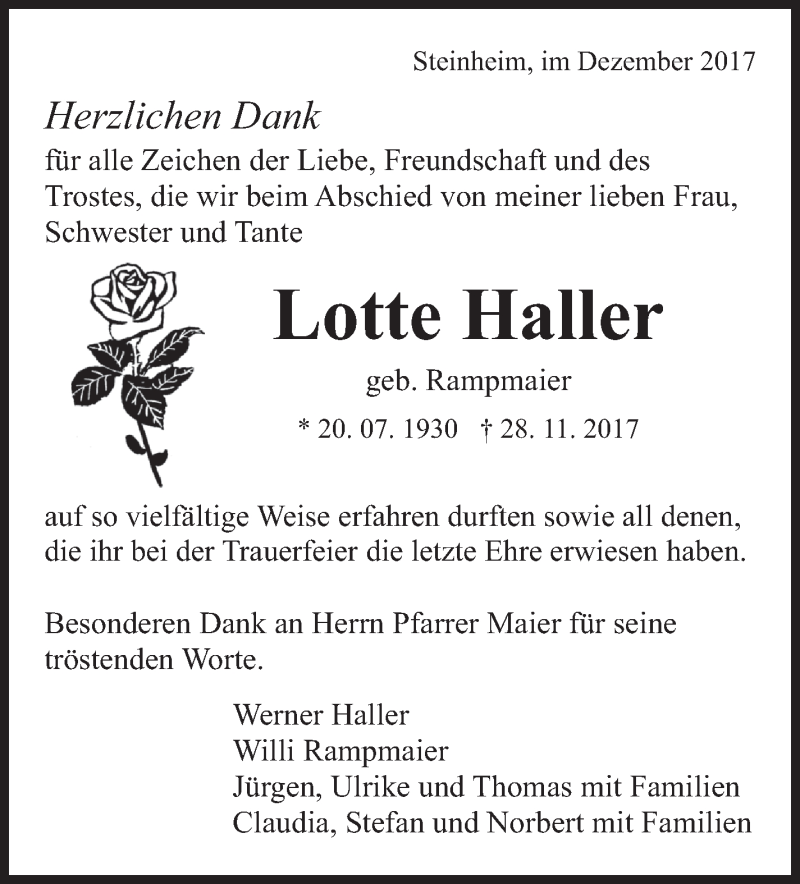  Traueranzeige für Lotte Haller vom 16.12.2017 aus Marbacher Zeitung