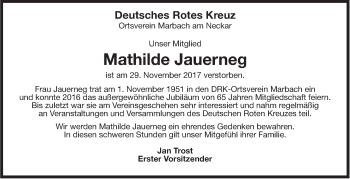 Traueranzeige von Mathilde Jauerneg von Marbacher Zeitung