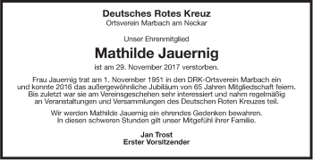 Traueranzeige von Mathilde Jauernig von Marbacher Zeitung