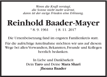 Traueranzeige von Reinhold Baader-Mayer von Marbacher Zeitung