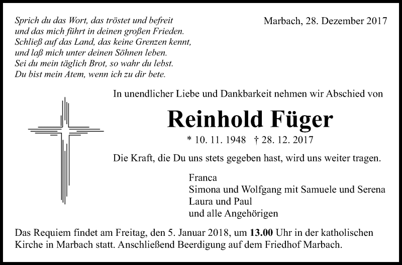  Traueranzeige für Reinhold Füger vom 30.12.2017 aus Marbacher Zeitung