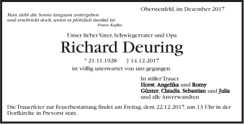 Traueranzeige von Richard Deuring von Marbacher Zeitung