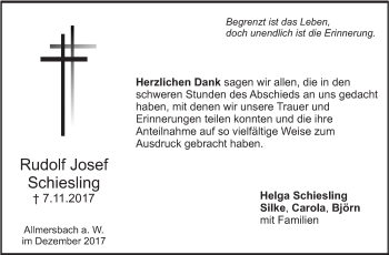 Traueranzeige von Rudolf Josef Schiesling von Marbacher Zeitung