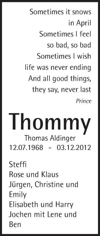 Traueranzeige von Thomas Aldinger von Marbacher Zeitung