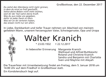 Traueranzeige von Walter Kranich von Marbacher Zeitung