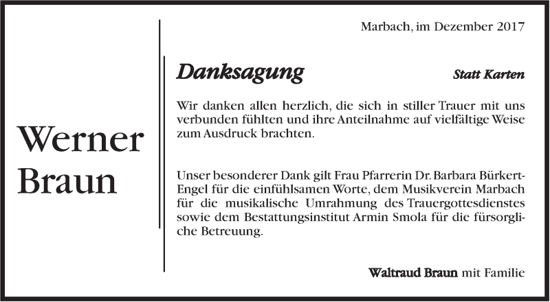  Traueranzeige für Werner Braun vom 08.12.2017 aus Marbacher Zeitung
