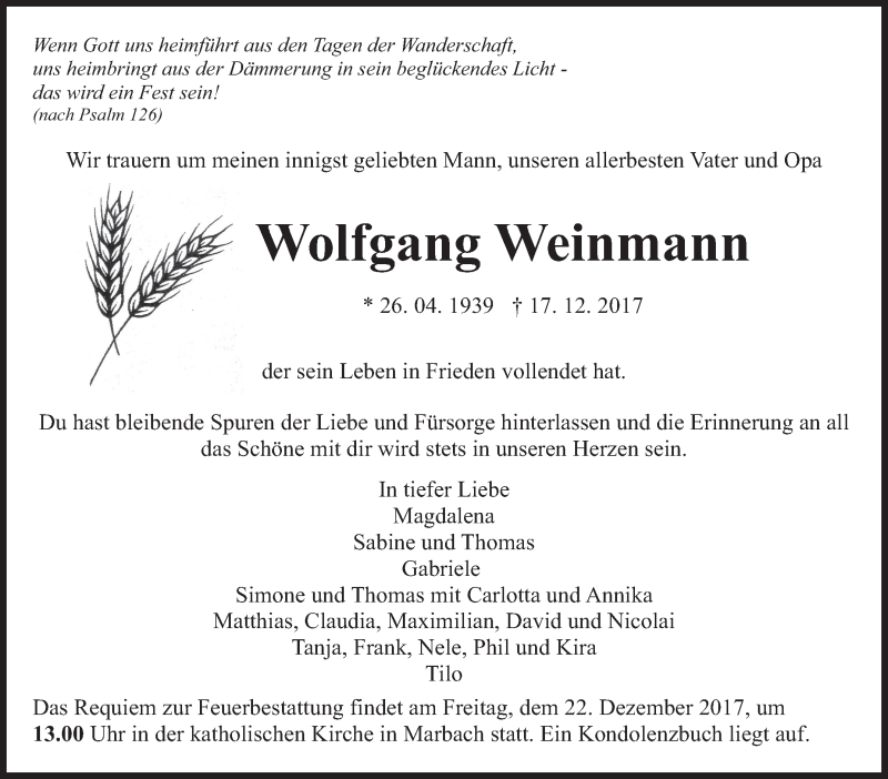  Traueranzeige für Wolfgang Weinmann vom 19.12.2017 aus Marbacher Zeitung