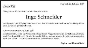 Traueranzeige von Inge Schneider von Marbacher Zeitung