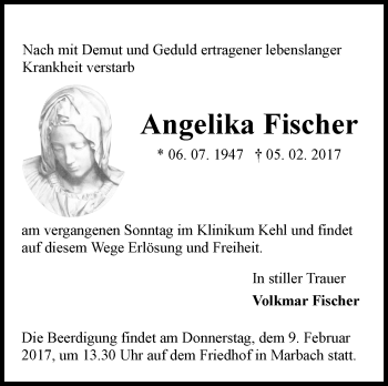 Traueranzeige von Angelika Fischer von Marbacher Zeitung