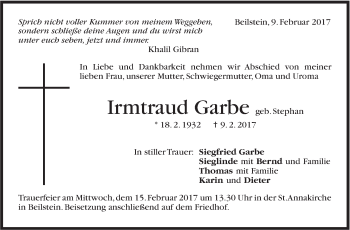 Traueranzeige von Irmtraud Garbe von Marbacher Zeitung