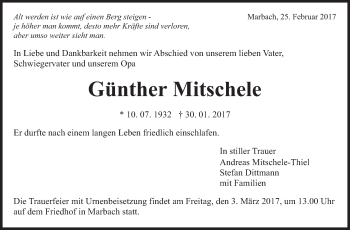 Traueranzeige von Günther Mitschele von Marbacher Zeitung
