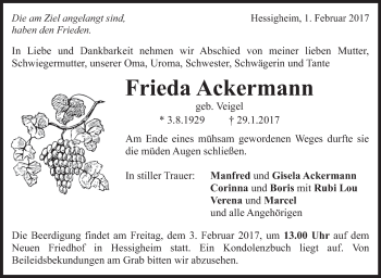 Traueranzeige von Frieda Ackermann von Marbacher Zeitung