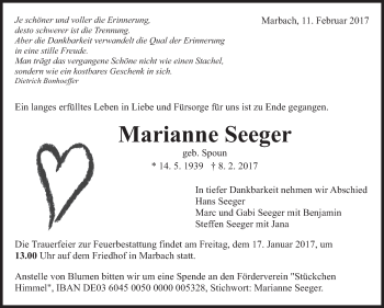 Traueranzeige von Marianne Seeger von Marbacher Zeitung