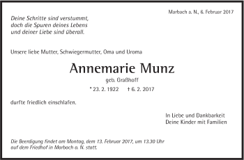 Traueranzeige von Annemarie Munz von Marbacher Zeitung