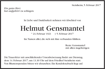 Traueranzeige von Helmut Gensmantel von Marbacher Zeitung