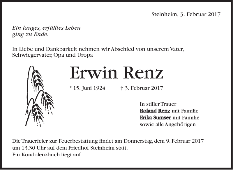  Traueranzeige für Erwin Renz vom 07.02.2017 aus Marbacher Zeitung