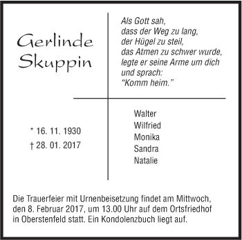 Traueranzeige von Gerlinde Skuppin von Marbacher Zeitung