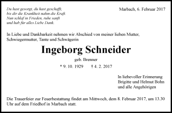Traueranzeige von Ingeborg Schneider von Marbacher Zeitung