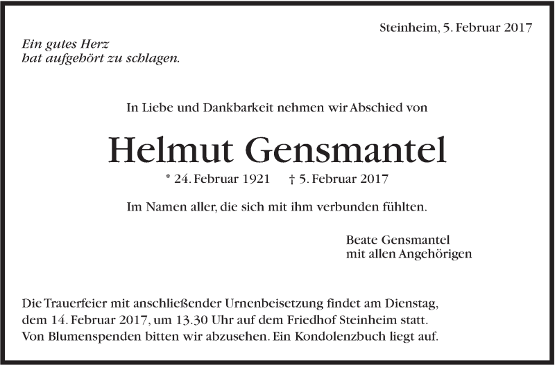  Traueranzeige für Helmut Gensmantel vom 09.02.2017 aus Marbacher Zeitung