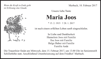 Traueranzeige von Maria Joos von Marbacher Zeitung