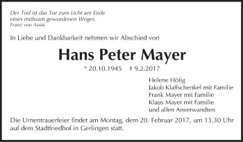 Traueranzeige von Hans Peter Mayer von Marbacher Zeitung