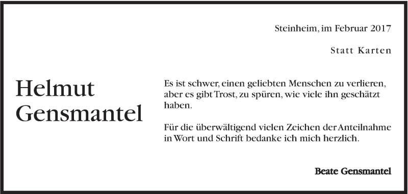  Traueranzeige für Helmut Gensmantel vom 24.02.2017 aus Marbacher Zeitung