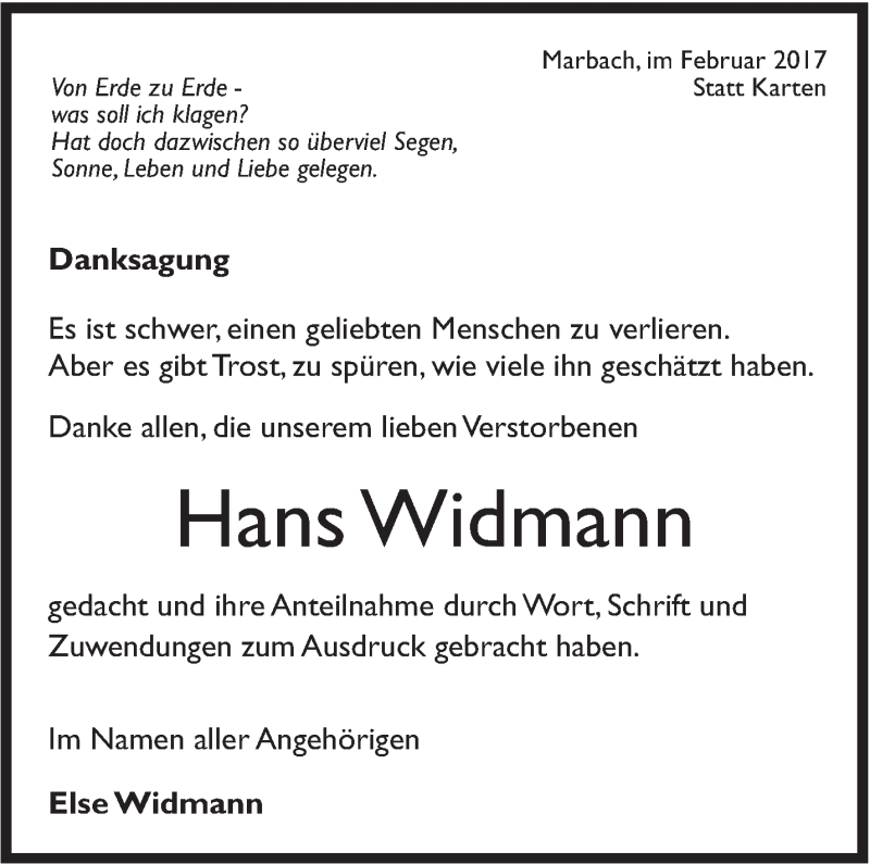  Traueranzeige für Hans Widmann vom 07.02.2017 aus Marbacher Zeitung