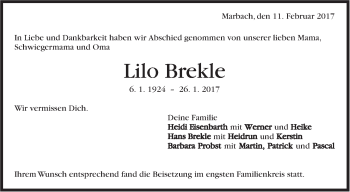 Traueranzeige von Lilo Brekle von Marbacher Zeitung