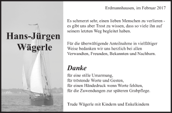 Traueranzeige von Hans-Jürgen Wägerle von Marbacher Zeitung